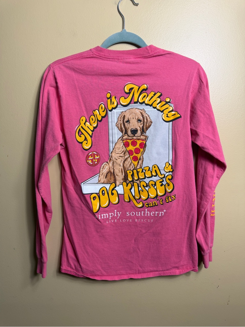 Simply Southern Pizza Dog Kisses Pink Long Sleeve Graphic T-Shirt Small